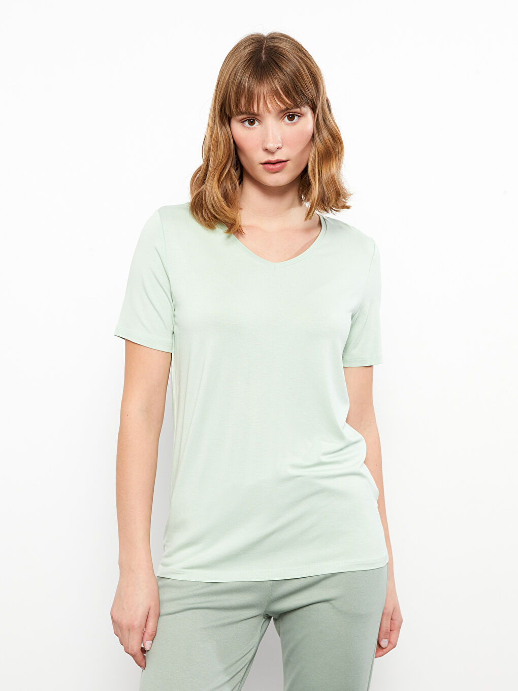 V-Neck Plain Short Sleeve Women's T-Shirt-1