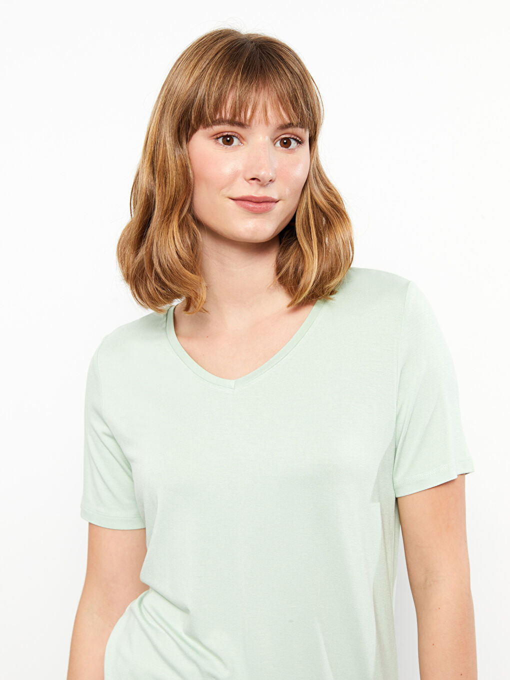 V-Neck Plain Short Sleeve Women's T-Shirt-2
