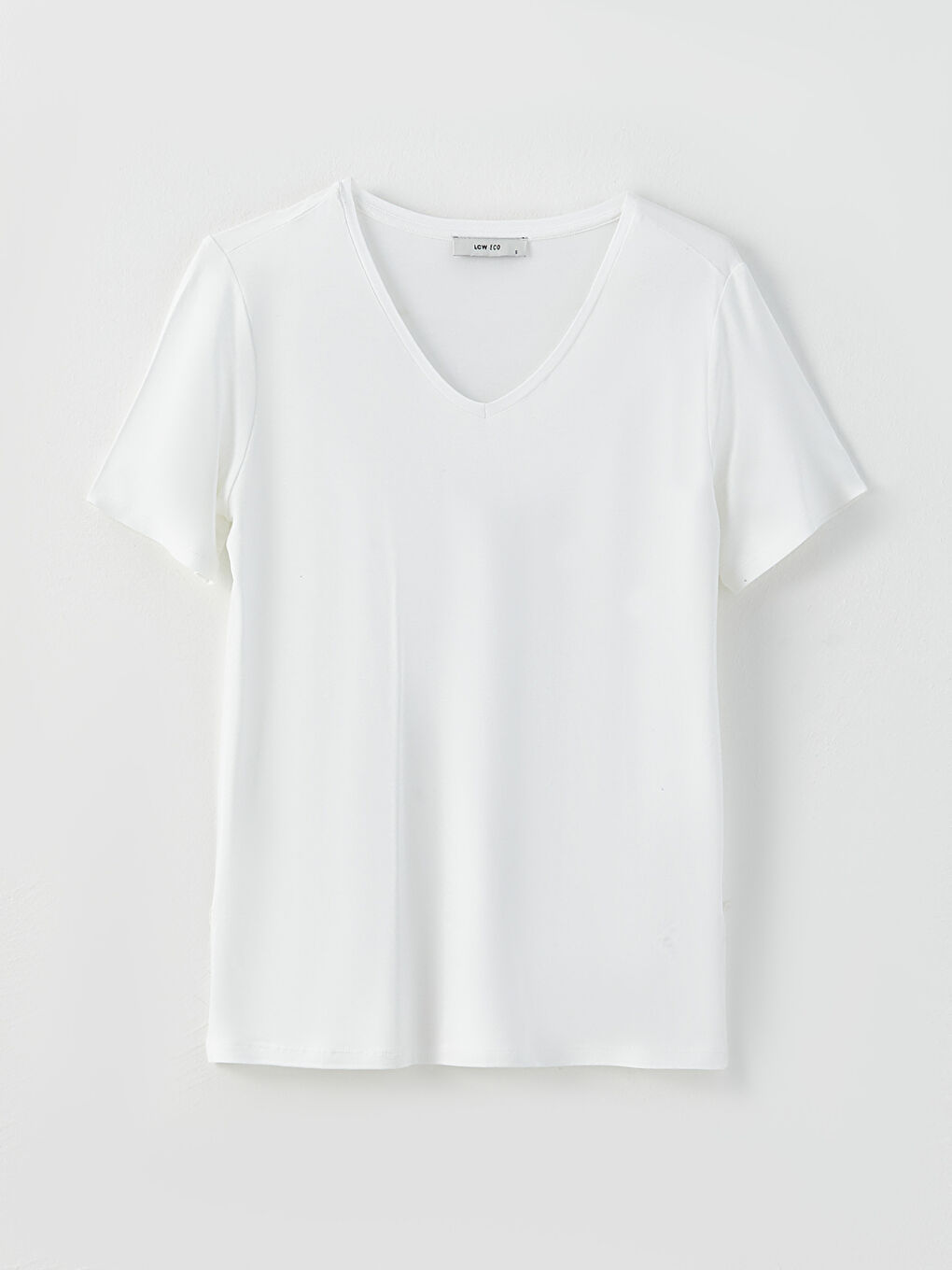 Beyaz V Yaka Düz Kısa Kollu Kadın Tişört-5