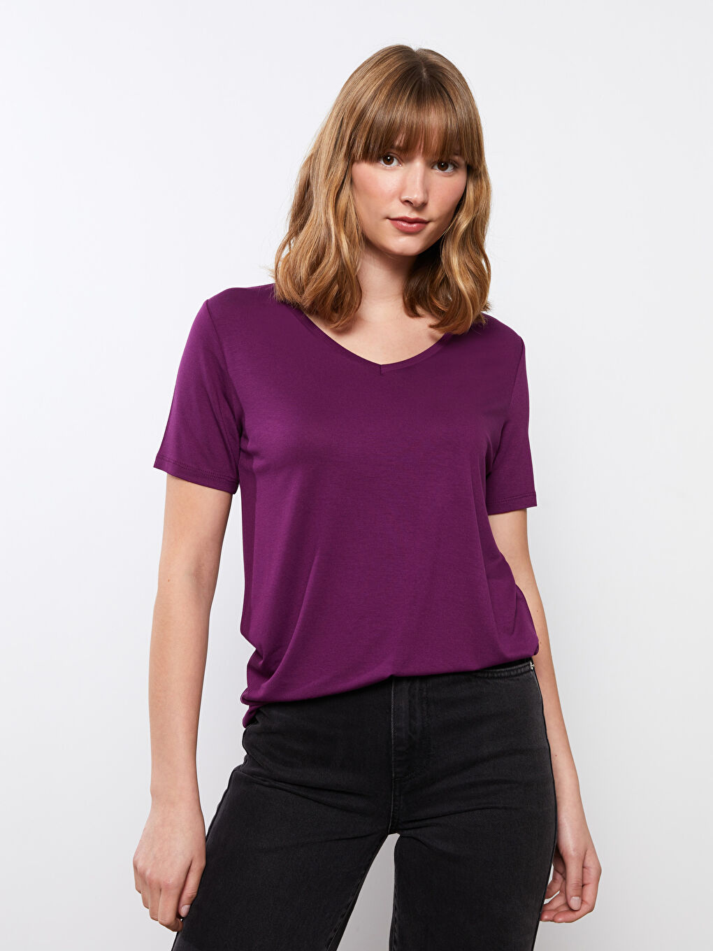 V-Neck Plain Short Sleeve Women's T-Shirt