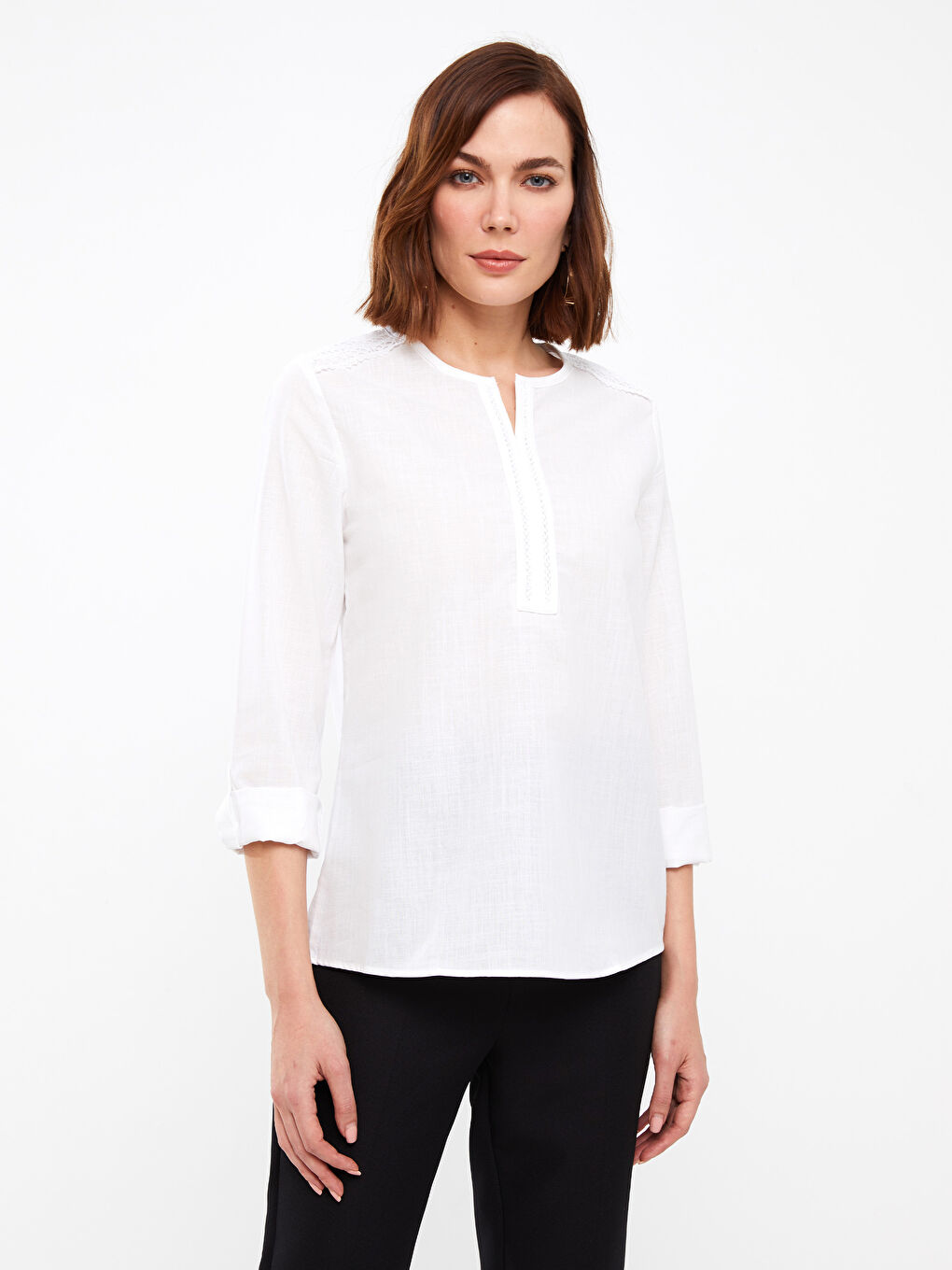 Notch Neck Plain Long Sleeve Women's Blouse-1