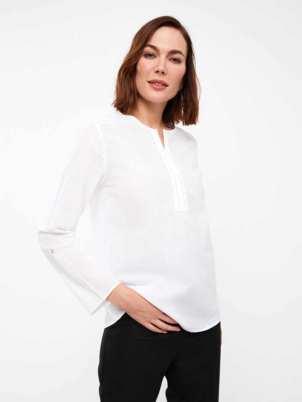 Notch Neck Plain Long Sleeve Women's Blouse-2