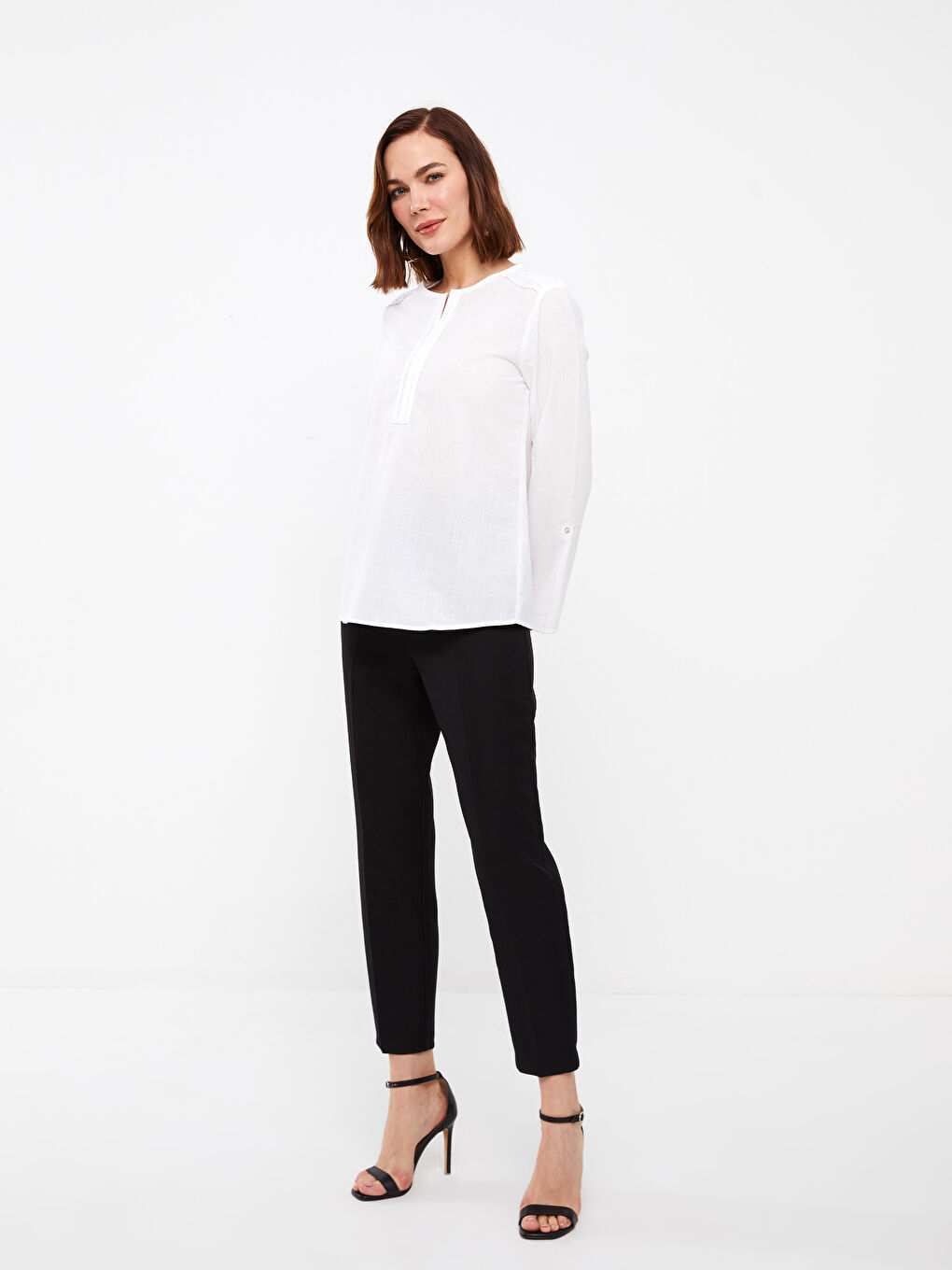 Notch Neck Plain Long Sleeve Women's Blouse-3