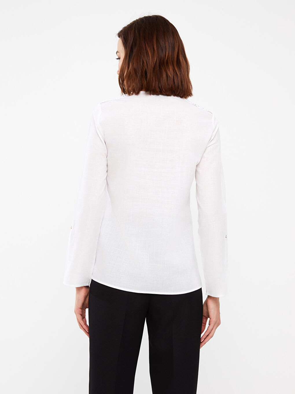 Notch Neck Plain Long Sleeve Women's Blouse-5