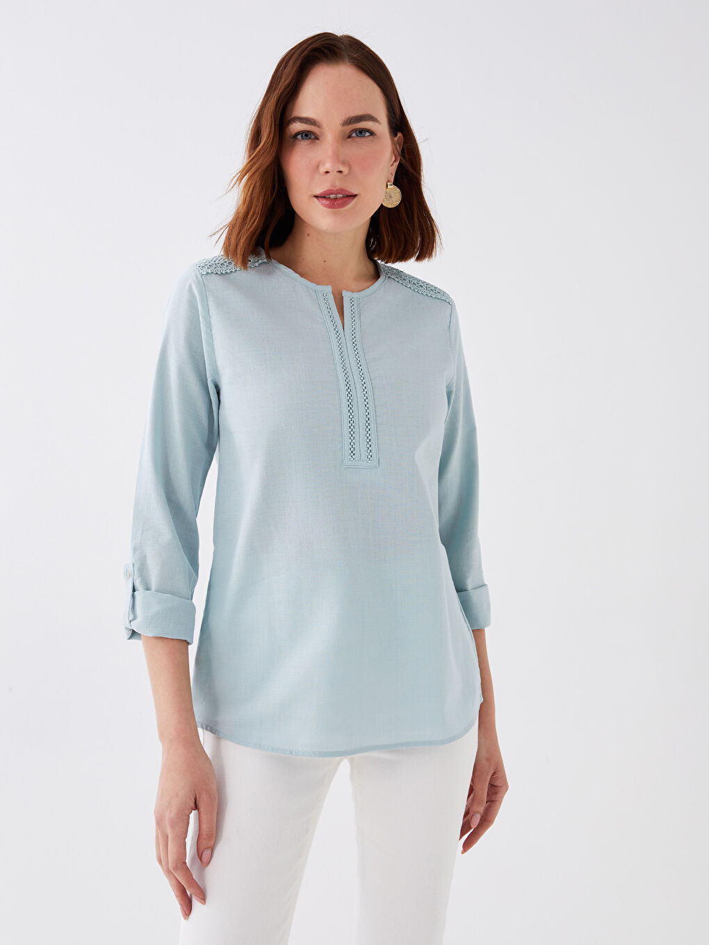 Mavi Kaçık Yaka Düz Uzun Kollu Kadın Bluz-1