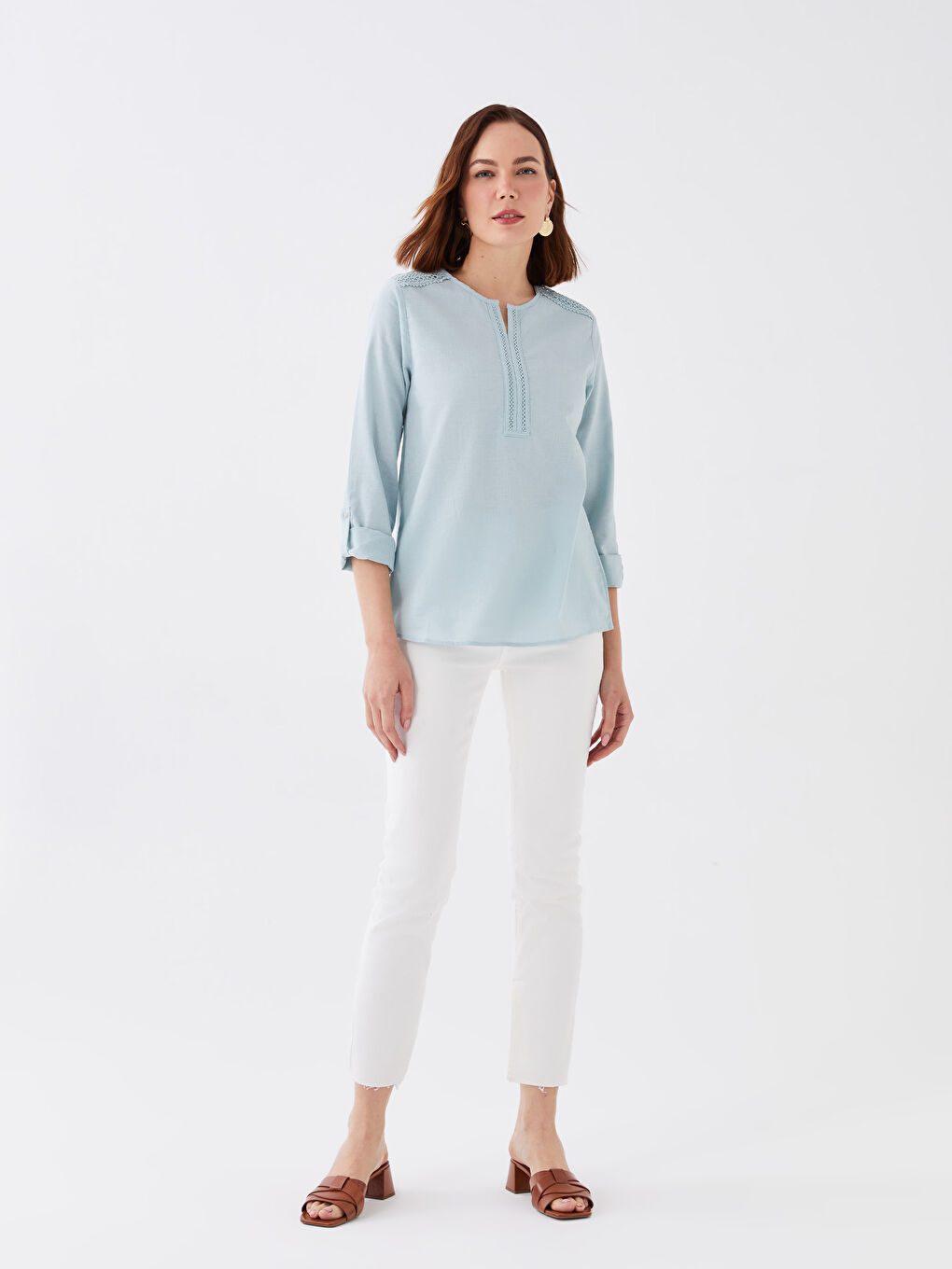 Mavi Kaçık Yaka Düz Uzun Kollu Kadın Bluz-2