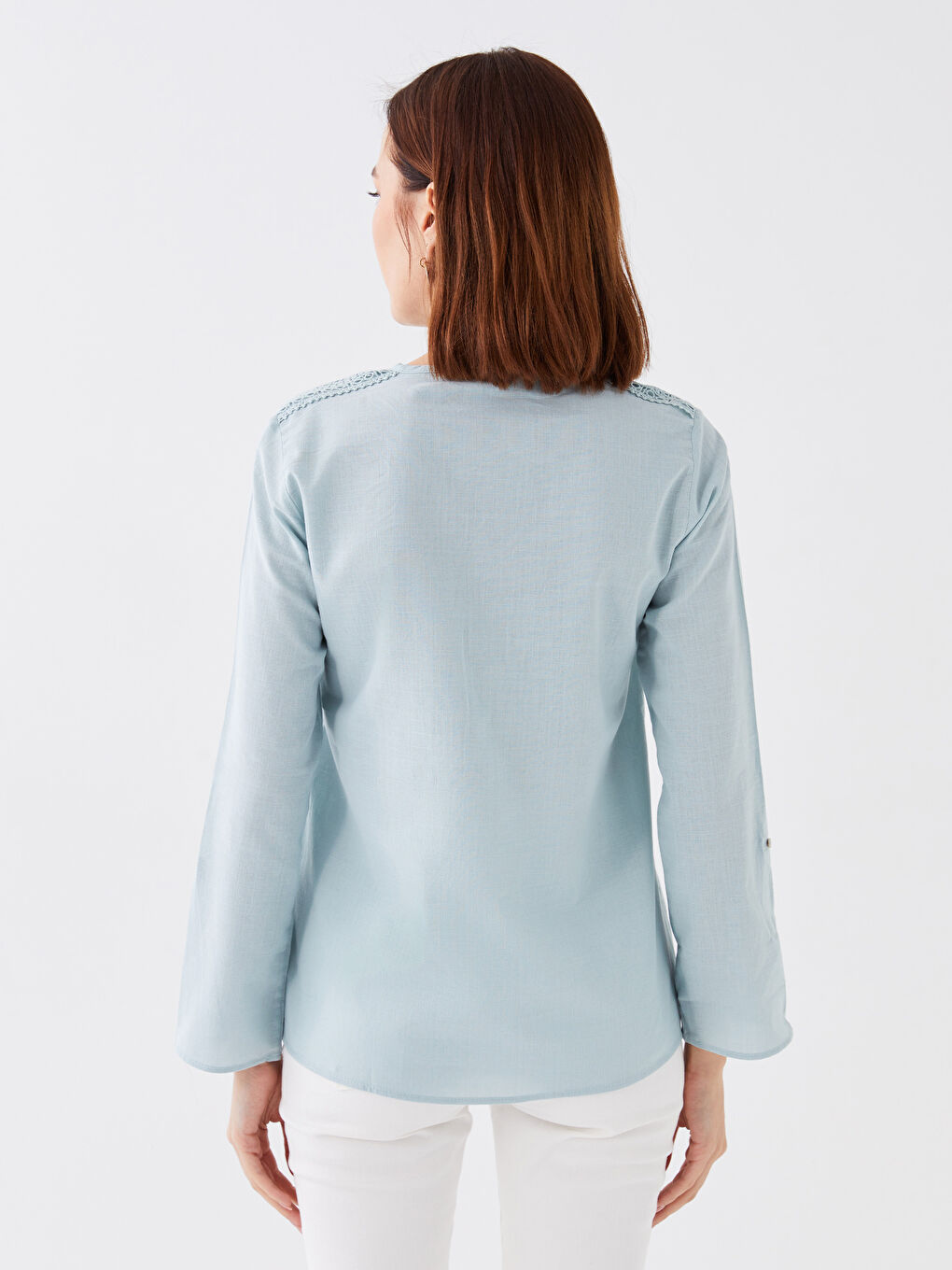 Mavi Kaçık Yaka Düz Uzun Kollu Kadın Bluz-4
