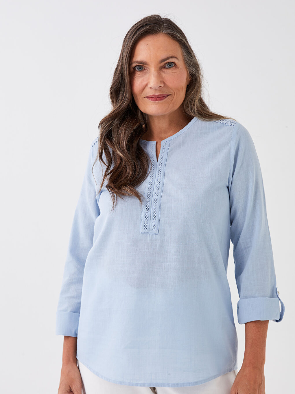 Notch Neck Plain Long Sleeve Women's Blouse