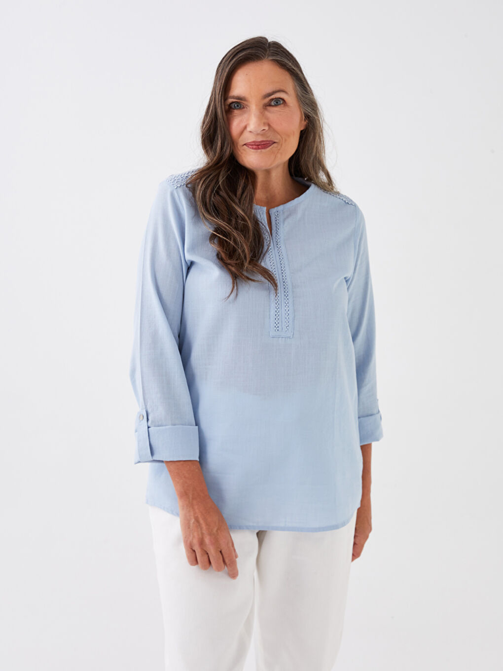 Notch Neck Plain Long Sleeve Women's Blouse-1