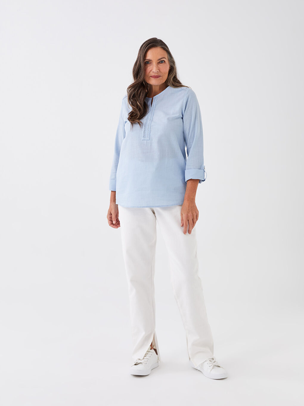 Notch Neck Plain Long Sleeve Women's Blouse-2