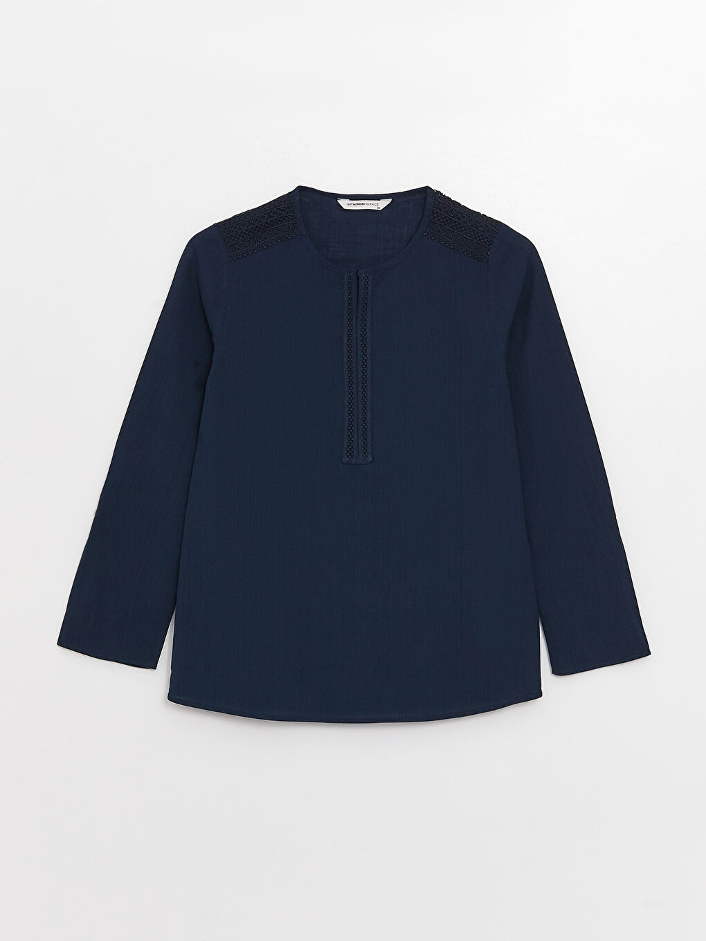 Lacivert Kaçık Yaka Düz Uzun Kollu Kadın Bluz-6