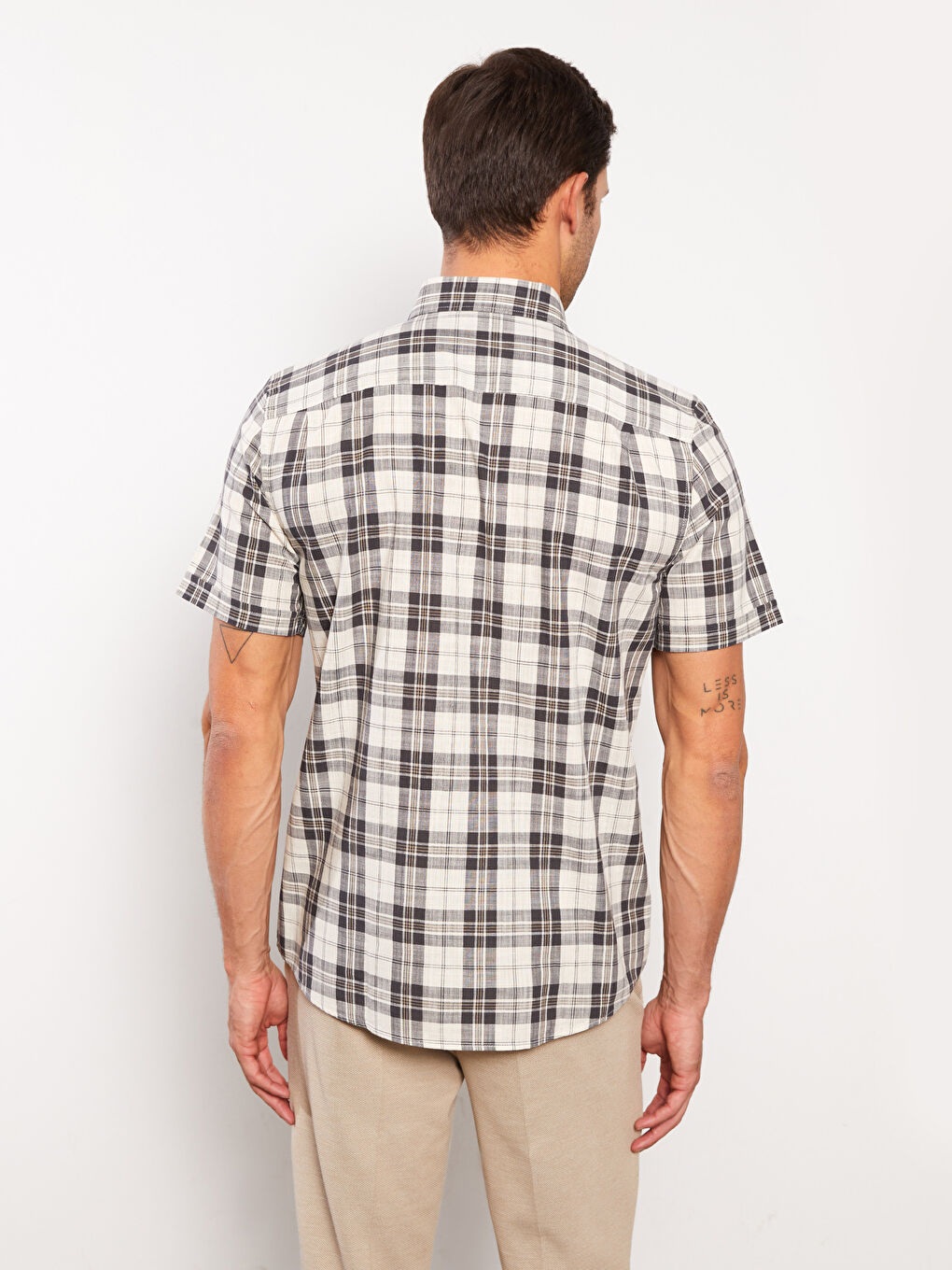 Ekru Regular Fit Kısa Kollu Ekose Poplin Erkek Gömlek-4