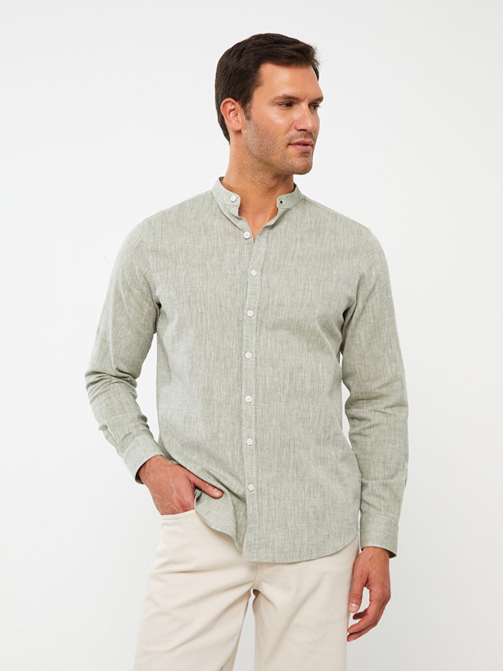 Regular Fit Long Sleeve Linen Blend Men's Shirt