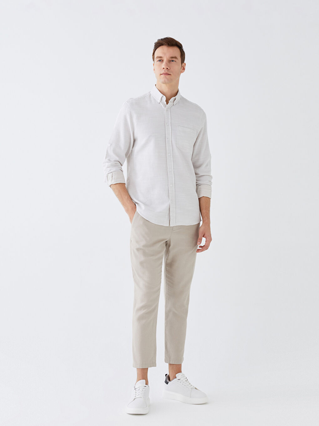 Bej Regular Fit Uzun Kollu Armürlü Erkek Gömlek-1