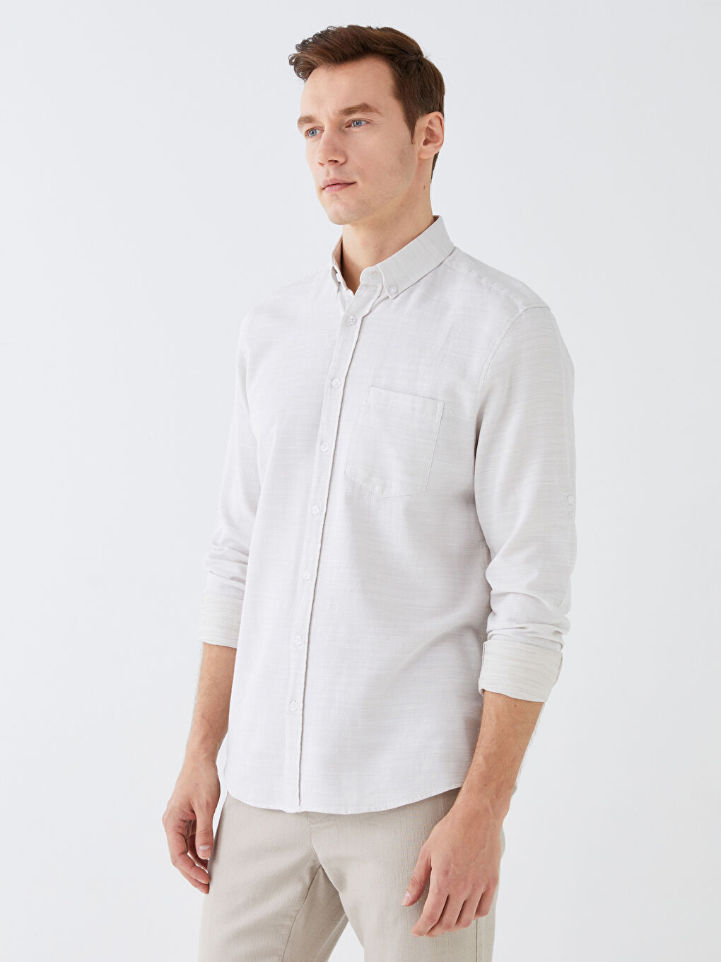 Bej Regular Fit Uzun Kollu Armürlü Erkek Gömlek-2