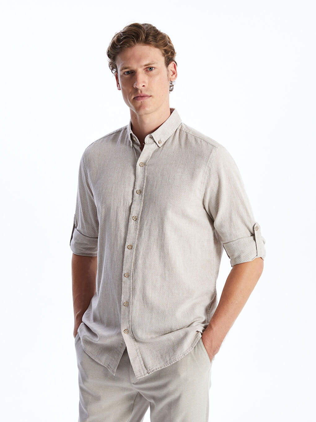 Chemise pour Hommes en Mélange de Lin à Manches Longues Coupe Régulière