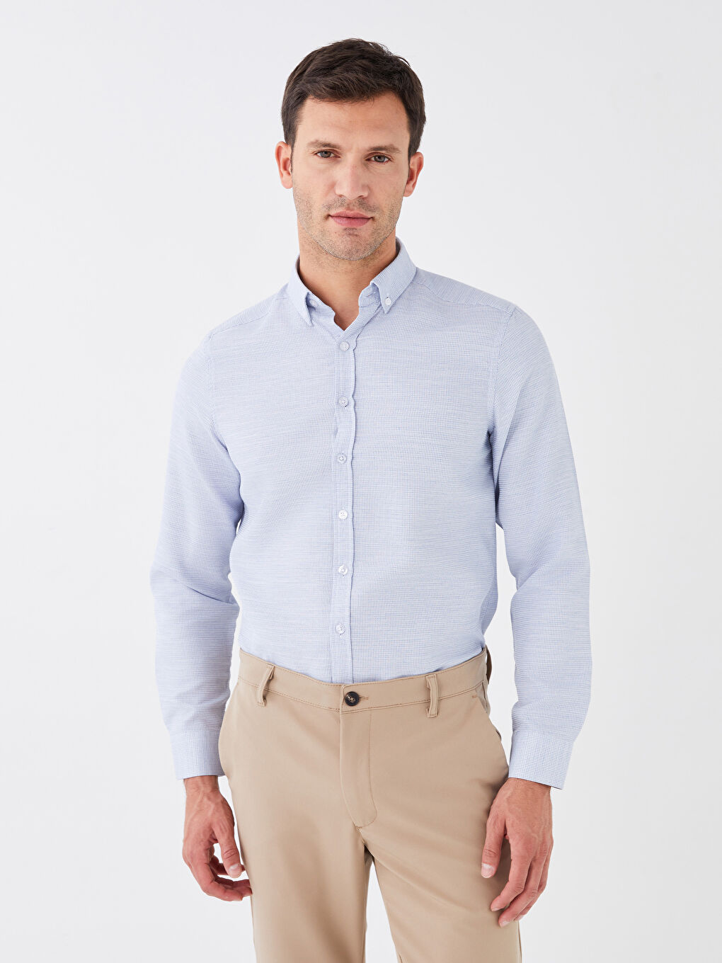 قميص رجالي كم طويل بقماش دوبي بقصة رفيعة