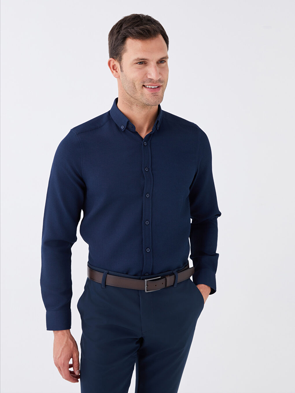 SOUTHBLUE Lacivert Slim Fit Uzun Kollu Armürlü Erkek Gömlek