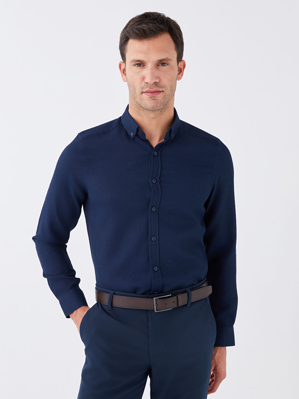 SOUTHBLUE Lacivert Slim Fit Uzun Kollu Armürlü Erkek Gömlek - 1