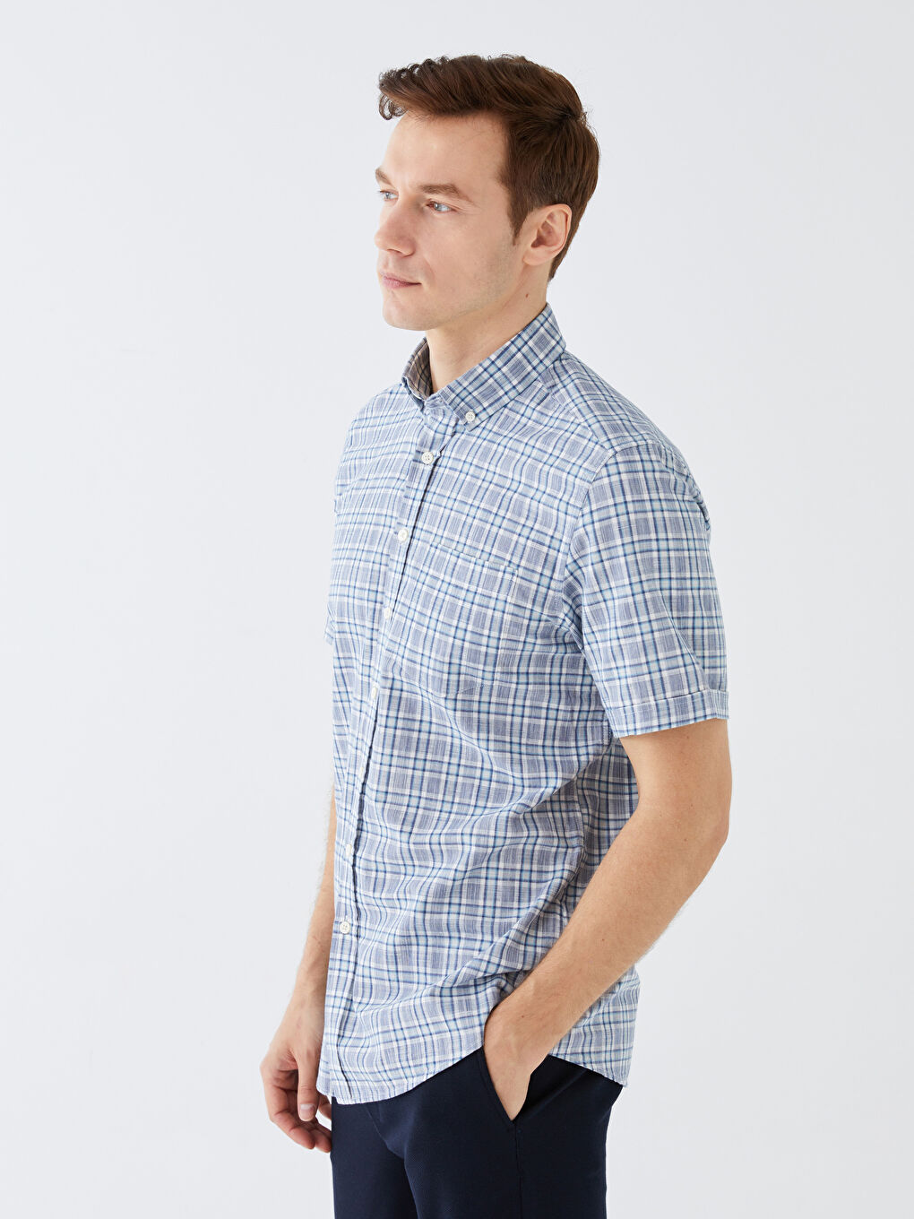 Regular Fit Short Sleeve Plaid Poplin Men's Shirt
