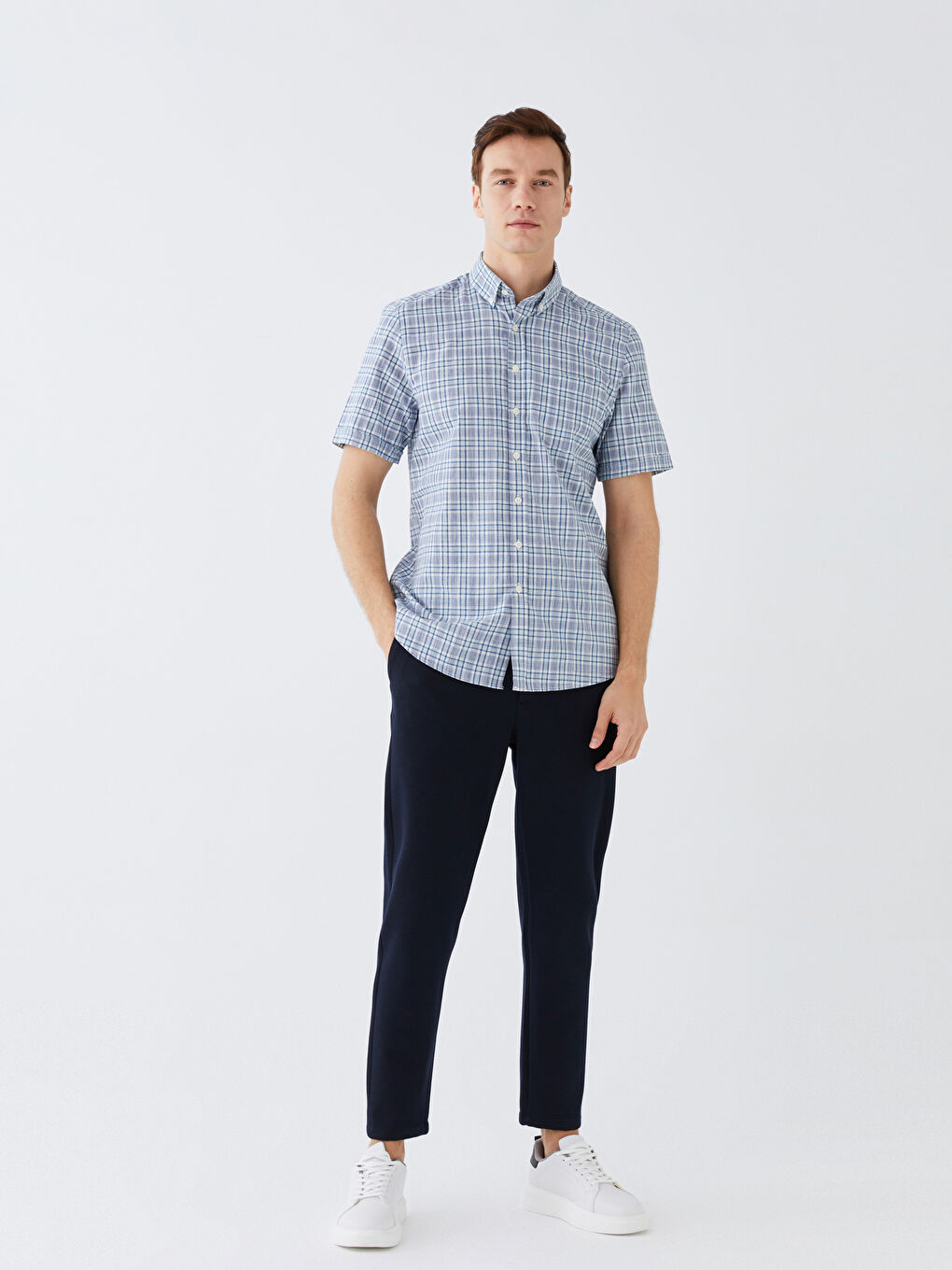 Regular Fit Short Sleeve Plaid Poplin Men's Shirt-1