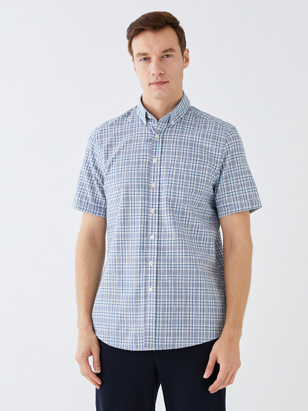 Regular Fit Short Sleeve Plaid Poplin Men's Shirt-2
