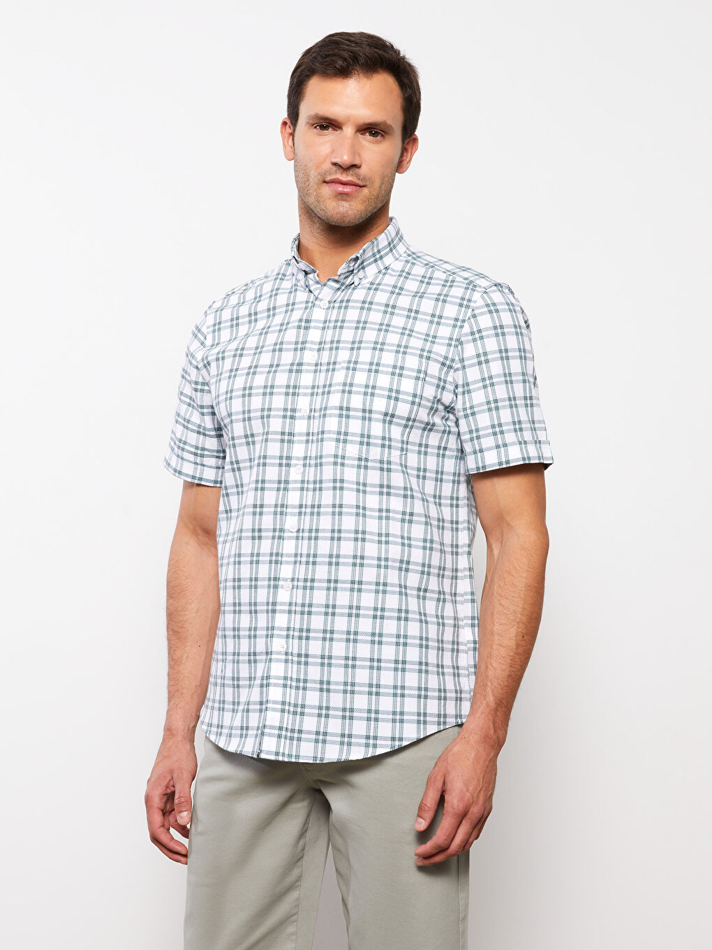 Regular Fit Men's Short Sleeve Plaid Dobby Shirt-1