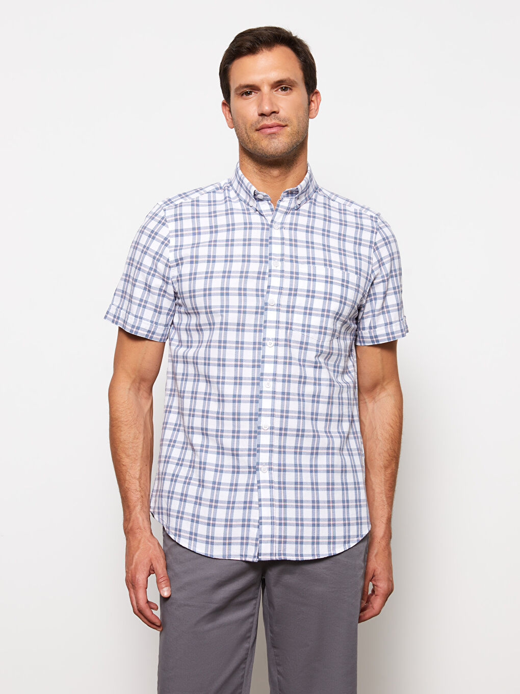 Cămașă Regular Fit pentru Bărbați cu Mânecă Scurtă Carouri Țesătură Dobby