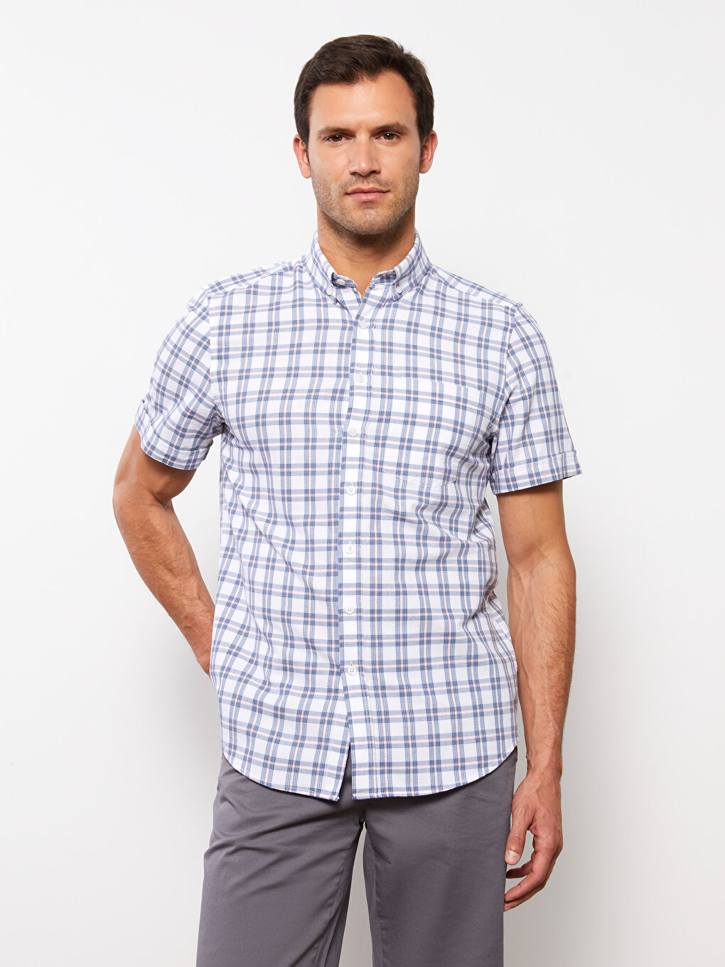 Cămașă Regular Fit pentru Bărbați cu Mânecă Scurtă Carouri Țesătură Dobby-1