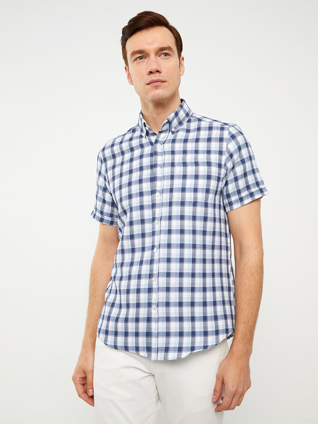 Regular Fit Men's Short Sleeve Plaid Dobby Shirt -S3AQ20Z8-LMR