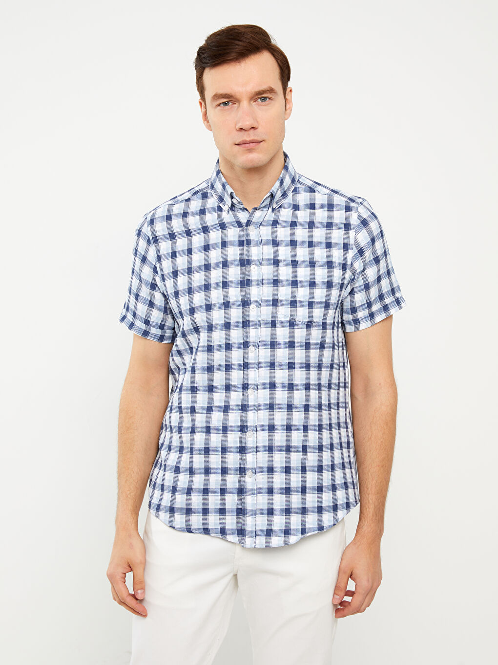 Regular Fit Men's Short Sleeve Plaid Dobby Shirt -S3AQ20Z8-LMR