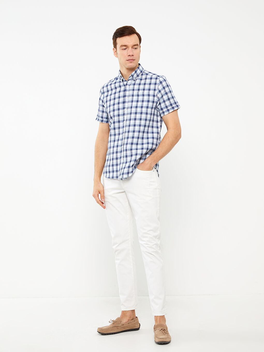 Regular Fit Men's Short Sleeve Plaid Dobby Shirt -S3AQ20Z8-LMR