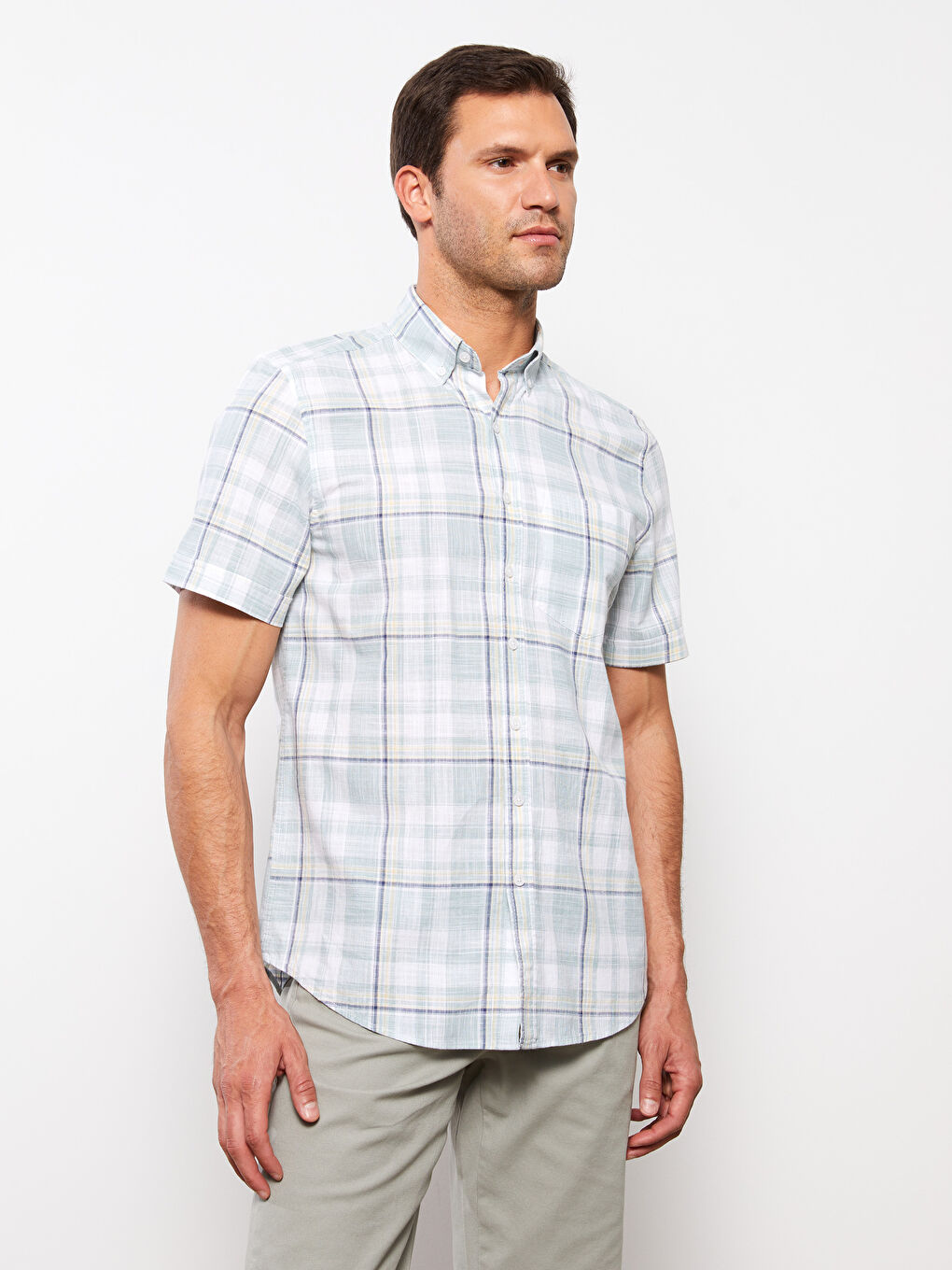 Regular Fit Short Sleeve Plaid Poplin Men's Shirt -S3AQ22Z8-LM4