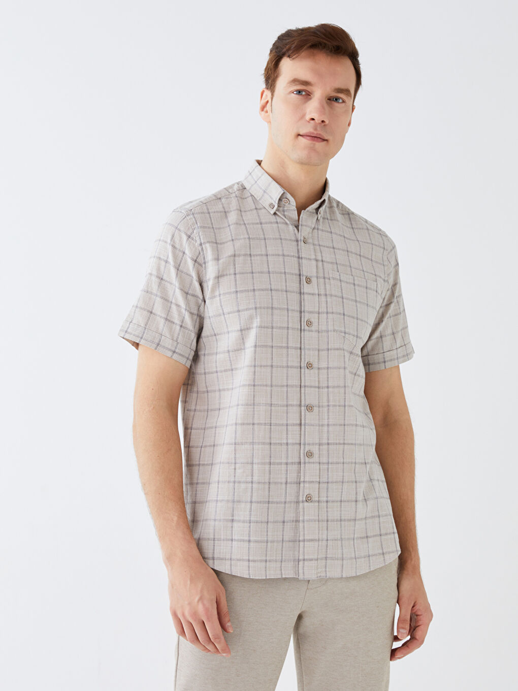 قميص بوبلين كاروهات كم قصير بقصة عادية للرجال-2