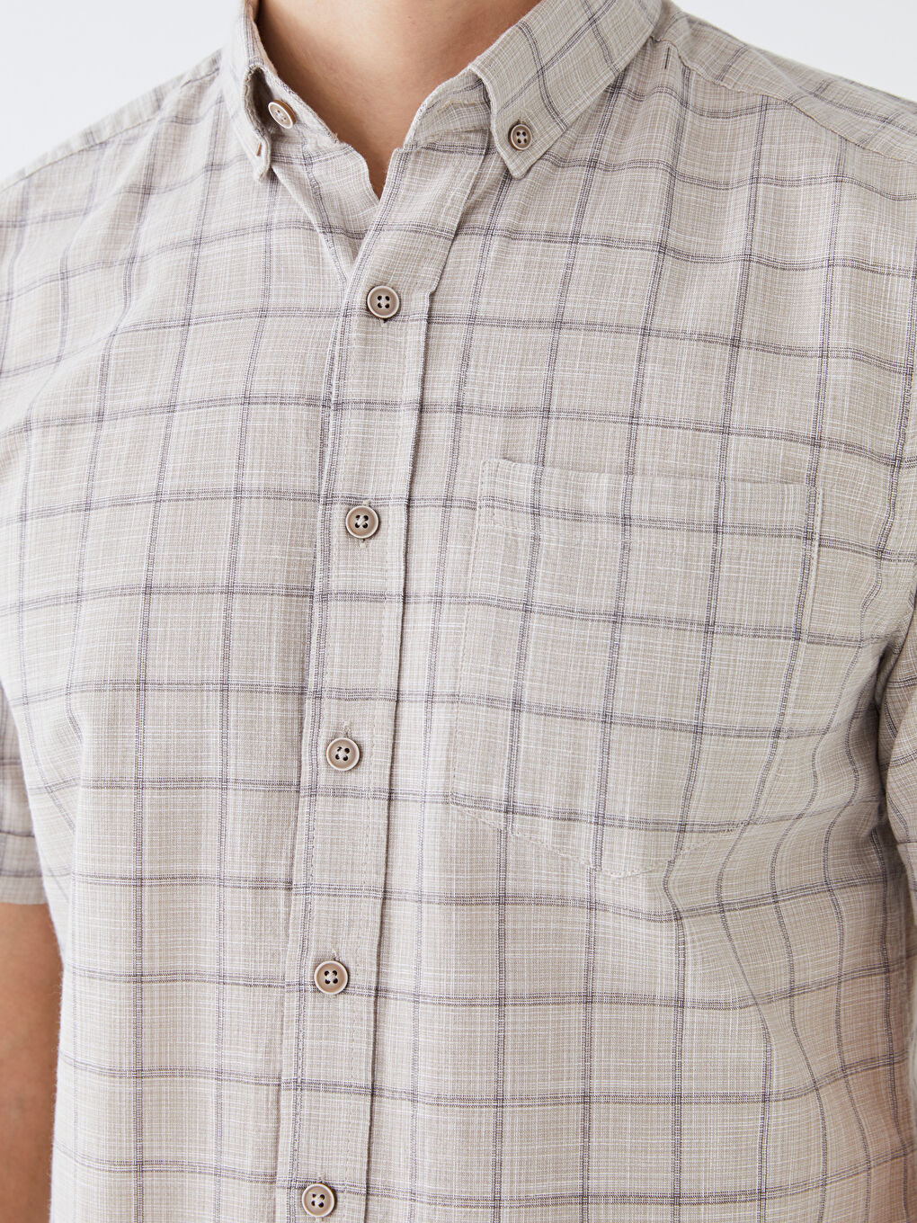 قميص بوبلين كاروهات كم قصير بقصة عادية للرجال-3