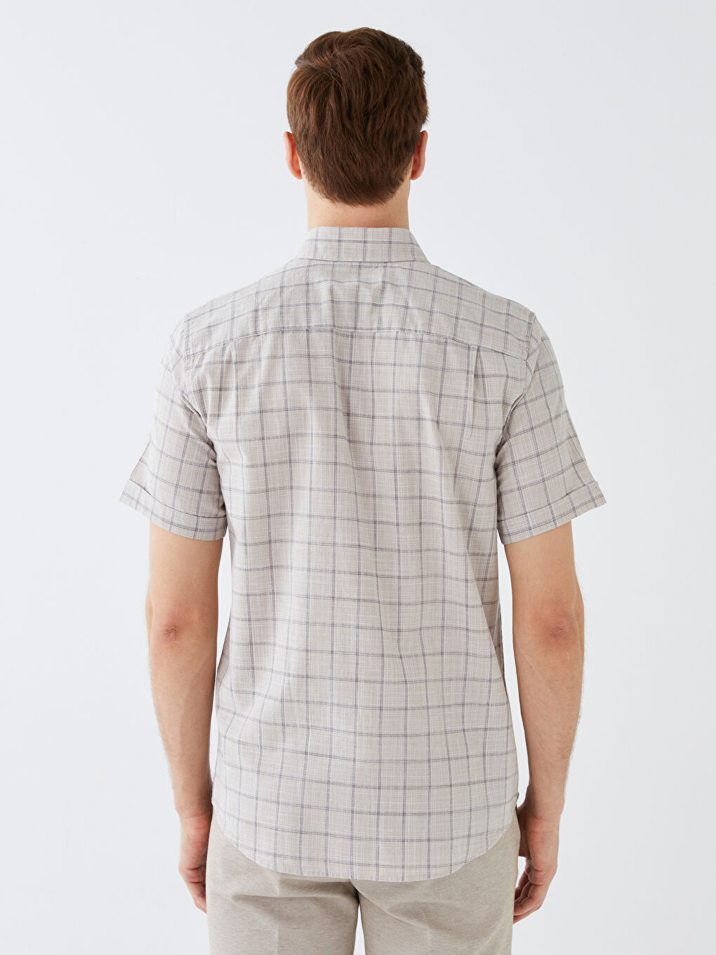 قميص بوبلين كاروهات كم قصير بقصة عادية للرجال-4