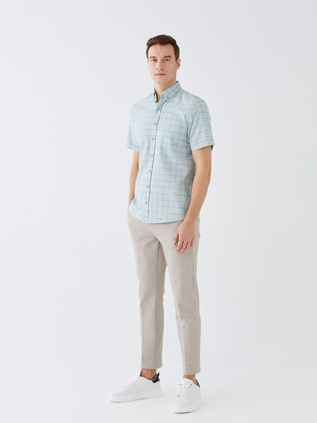 Рубашка Мужская Поплиновая В Клетку Стандартного Кроя С Коротким Рукавом-1