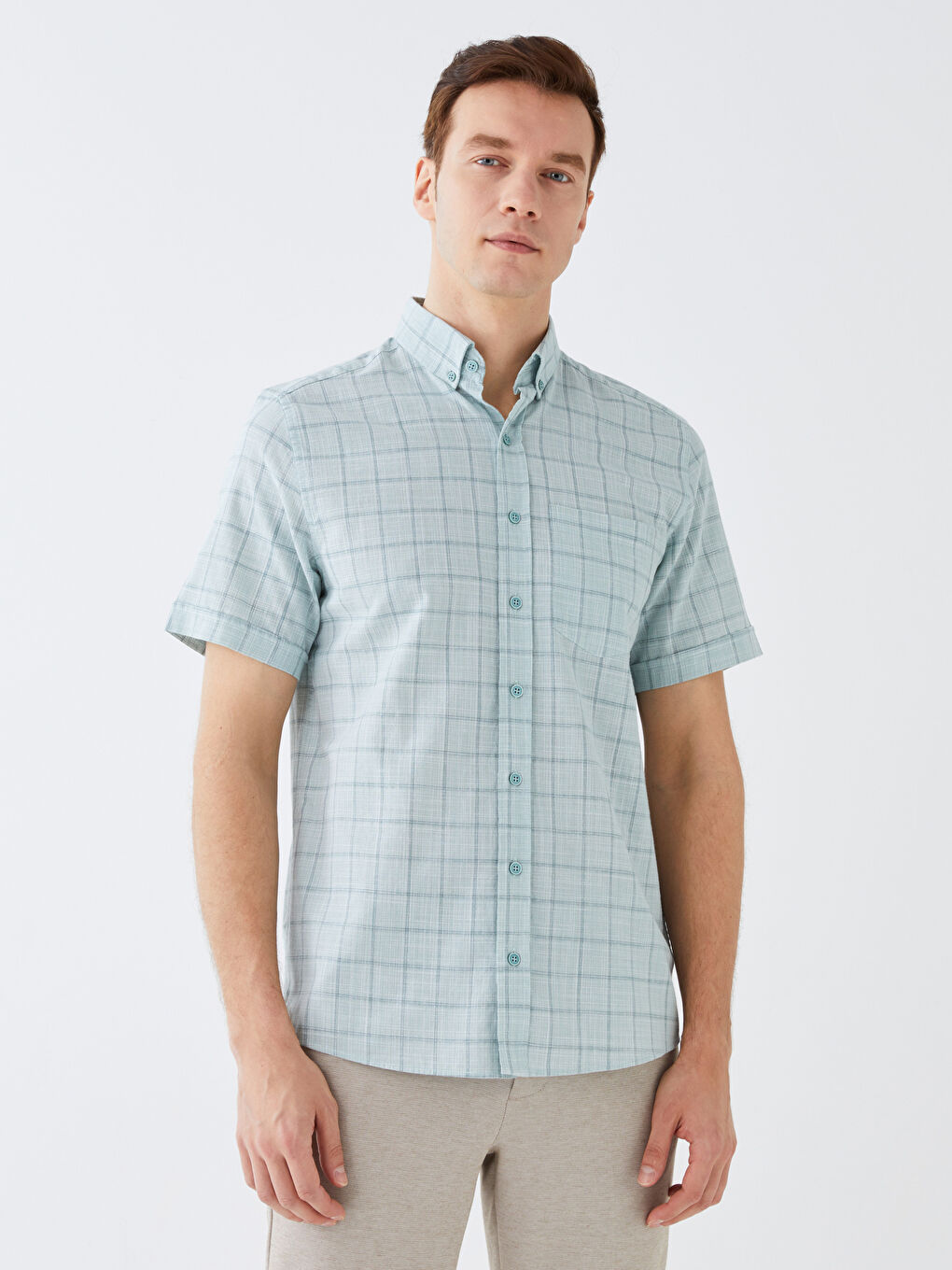 Рубашка Мужская Поплиновая В Клетку Стандартного Кроя С Коротким Рукавом-2