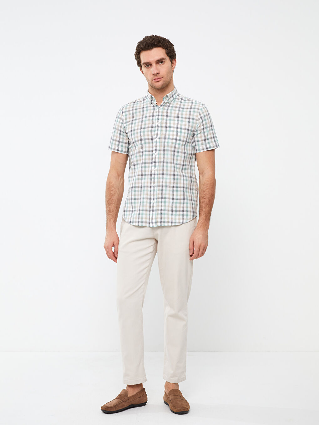 Cămașă Poplin Regular Fit în Carouri cu Mânecă Scurtă-2