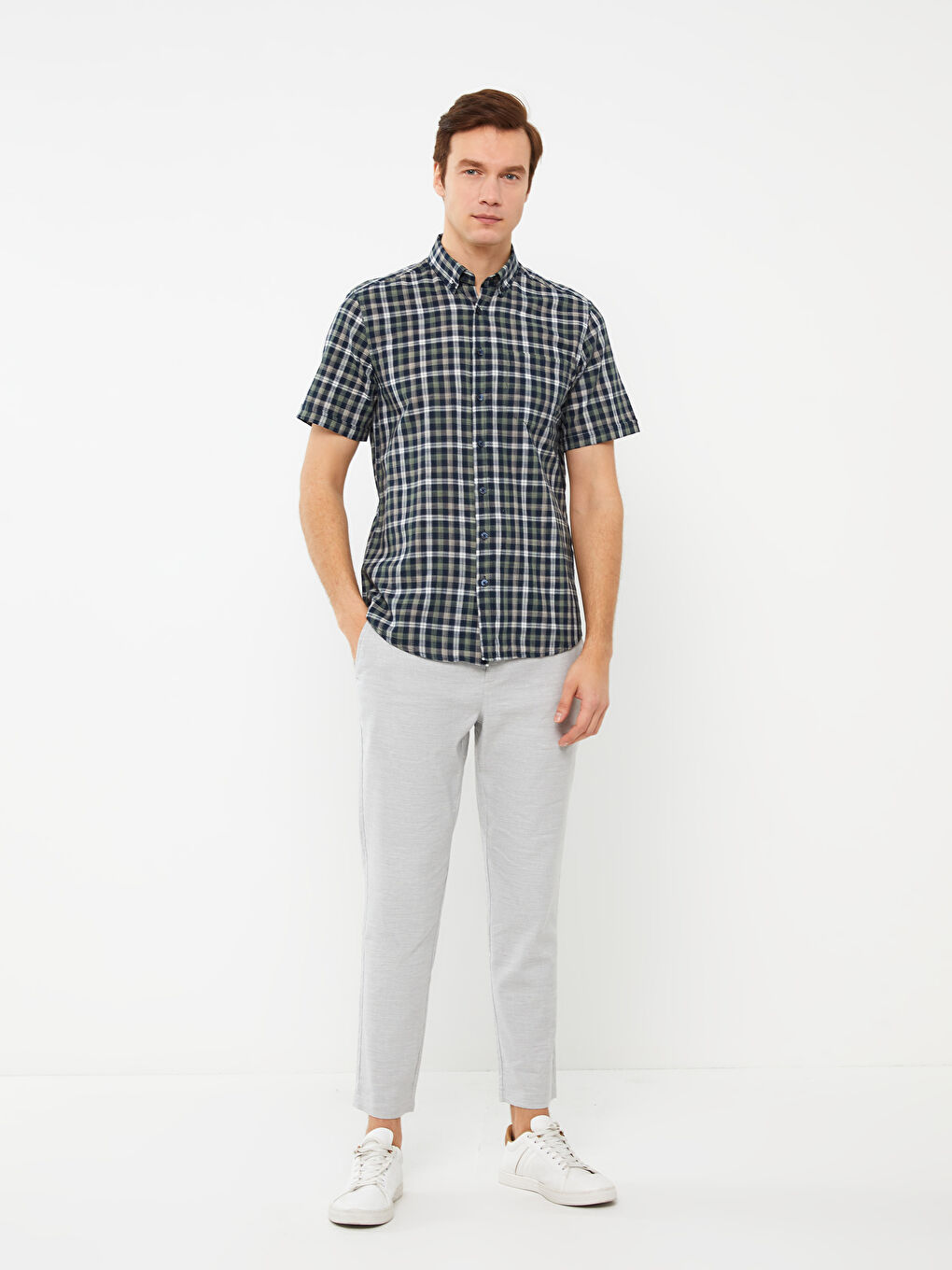 قميص بوبلين كاروهات كم قصير عادي-2