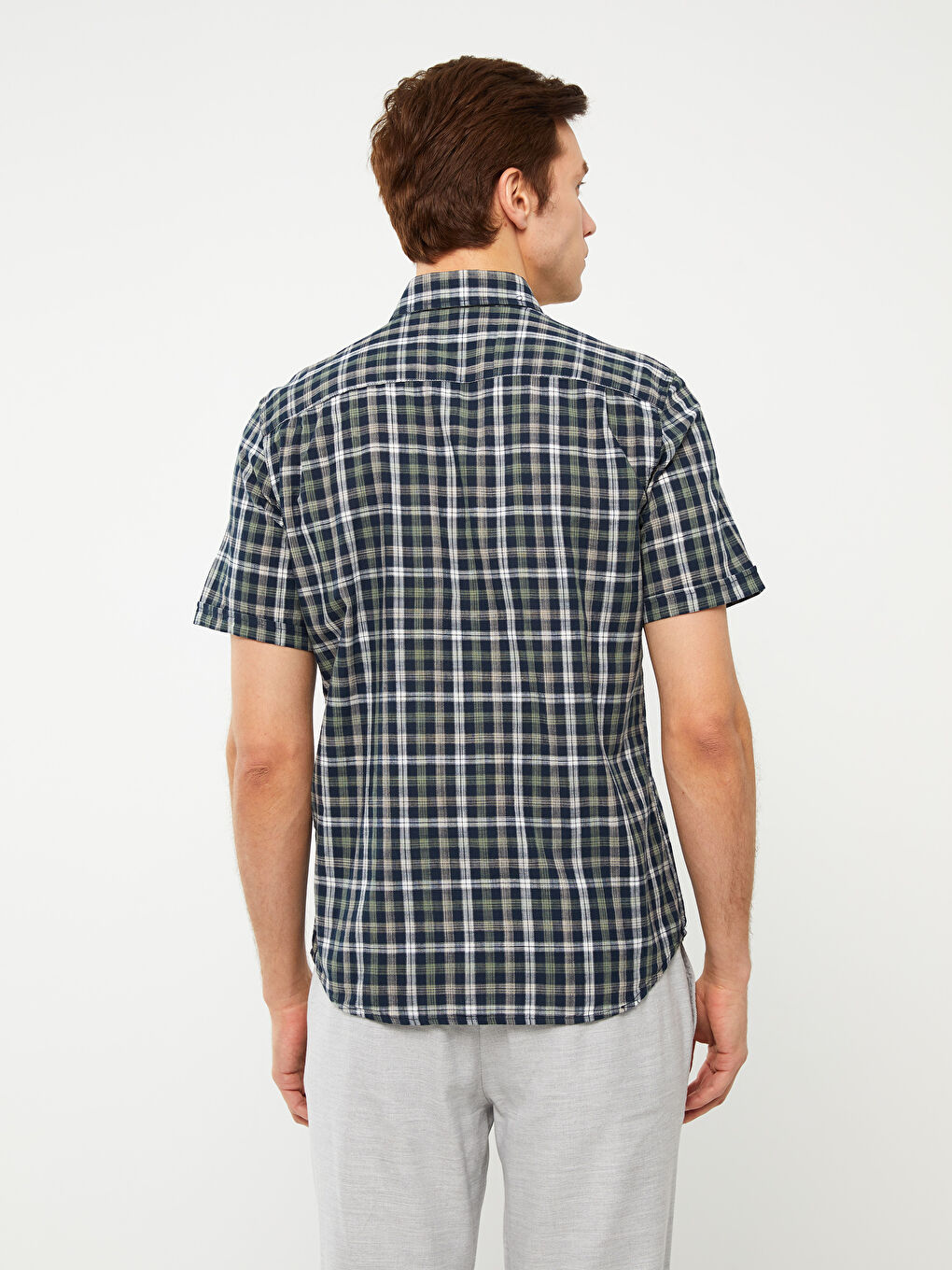 قميص بوبلين كاروهات كم قصير عادي-4