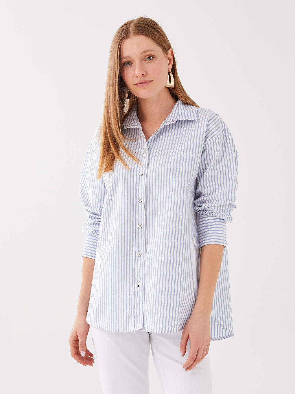 SOUTHBLUE Women's Striped Long Sleeve Oxford Shirt -S3AQ47Z8-LEN
