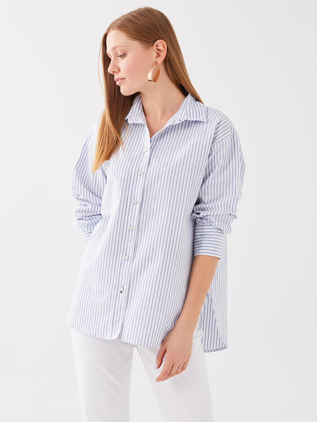 SOUTHBLUE Women's Striped Long Sleeve Oxford Shirt -S3AQ47Z8-LEN