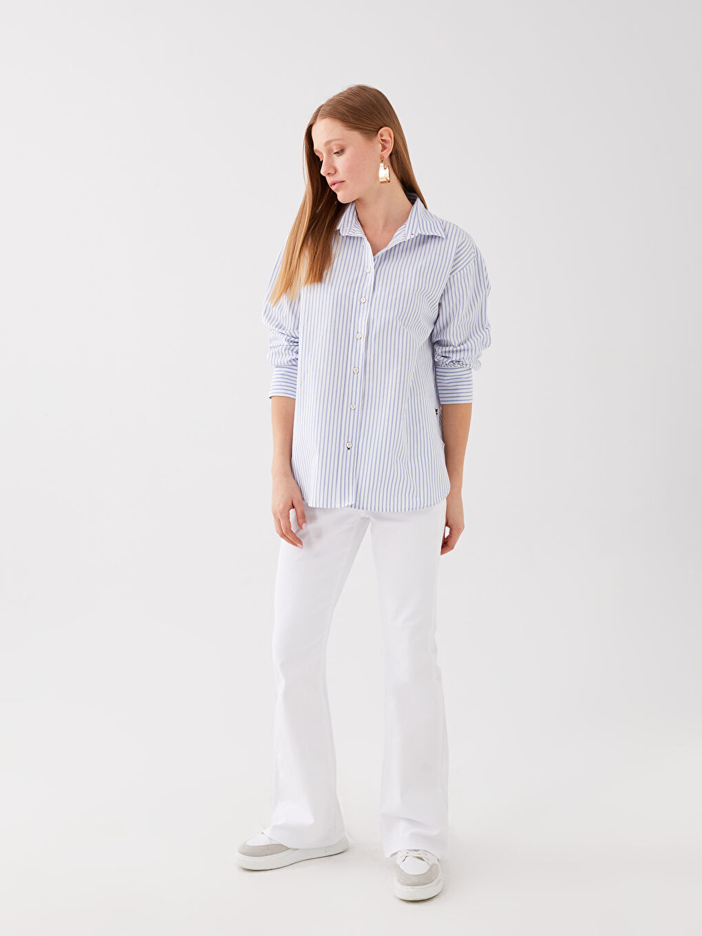 SOUTHBLUE Women's Striped Long Sleeve Oxford Shirt -S3AQ47Z8-LEN