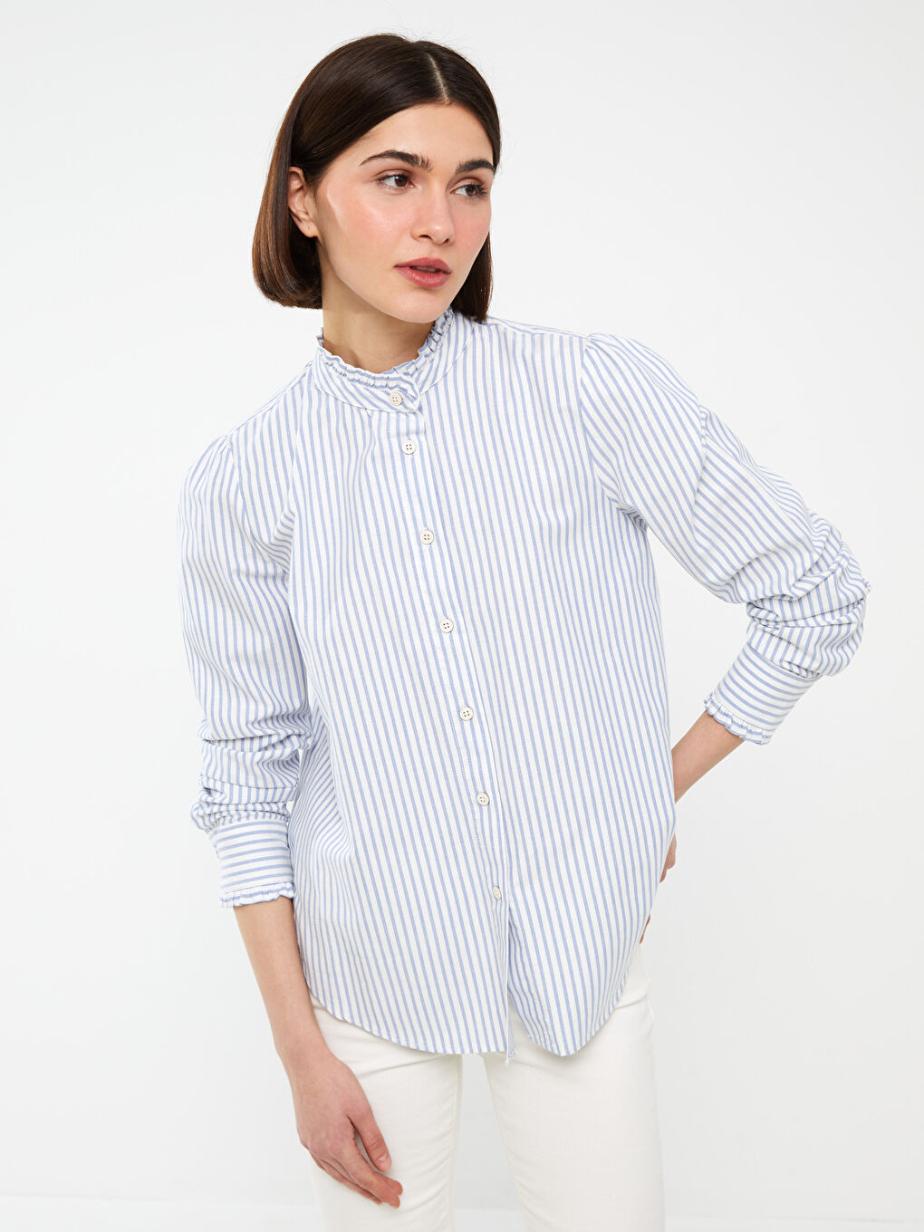 Women's Stand Up Collar Striped Long Sleeve Oxford Shirt