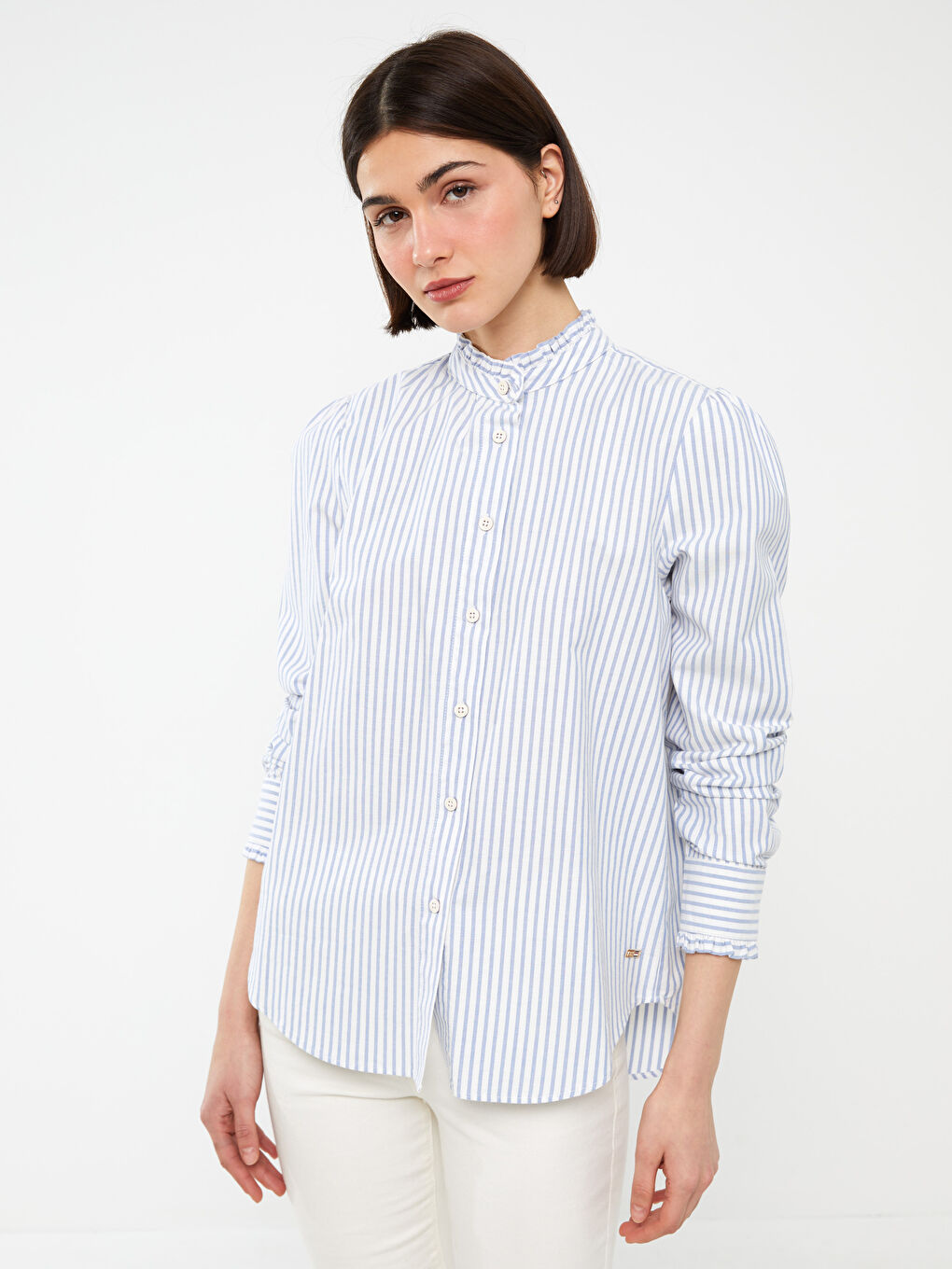 Women's Stand Up Collar Striped Long Sleeve Oxford Shirt-1