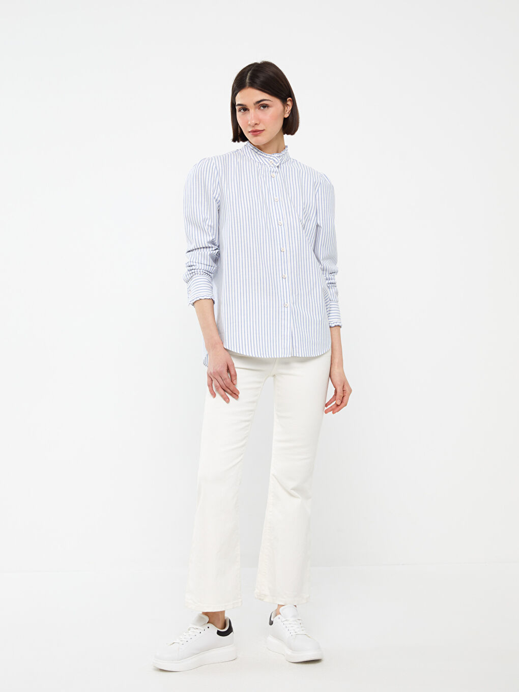 Women's Stand Up Collar Striped Long Sleeve Oxford Shirt-2