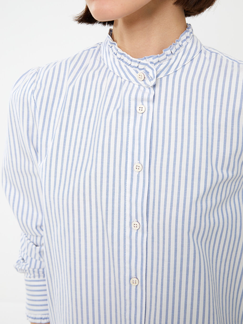 Women's Stand Up Collar Striped Long Sleeve Oxford Shirt-3