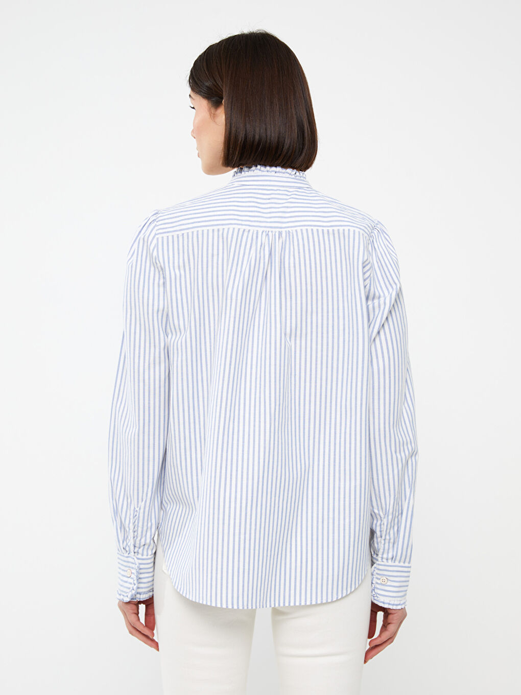 Women's Stand Up Collar Striped Long Sleeve Oxford Shirt-4