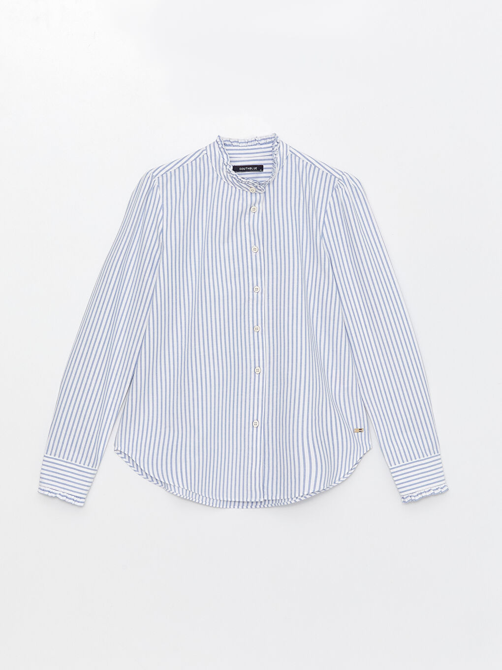 Women's Stand Up Collar Striped Long Sleeve Oxford Shirt-5